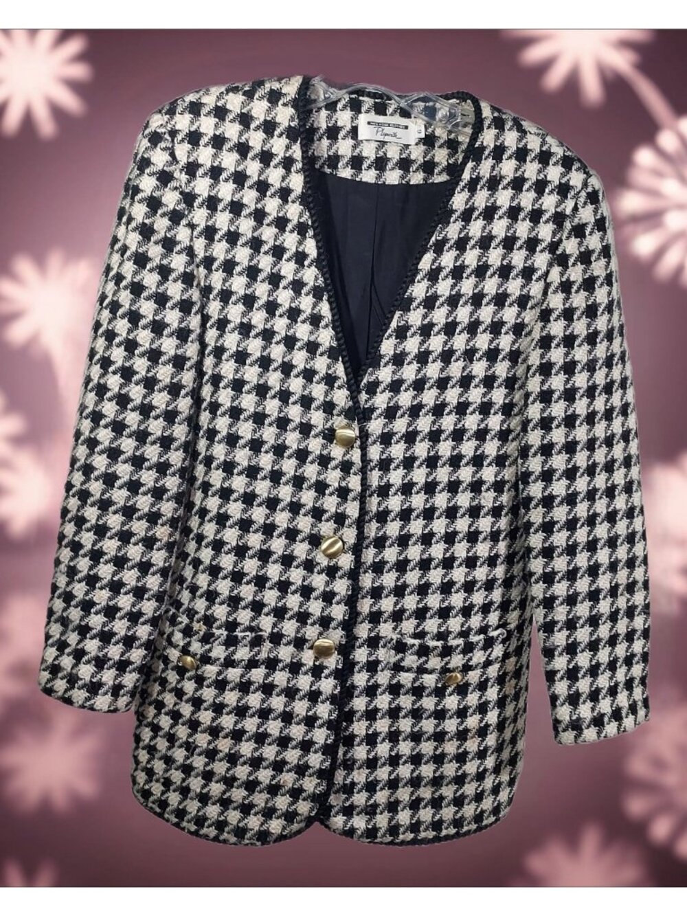 Blazer Houndstooth Retro Plymouth Size 6 Ornate Gold Buttons Professional Wear
